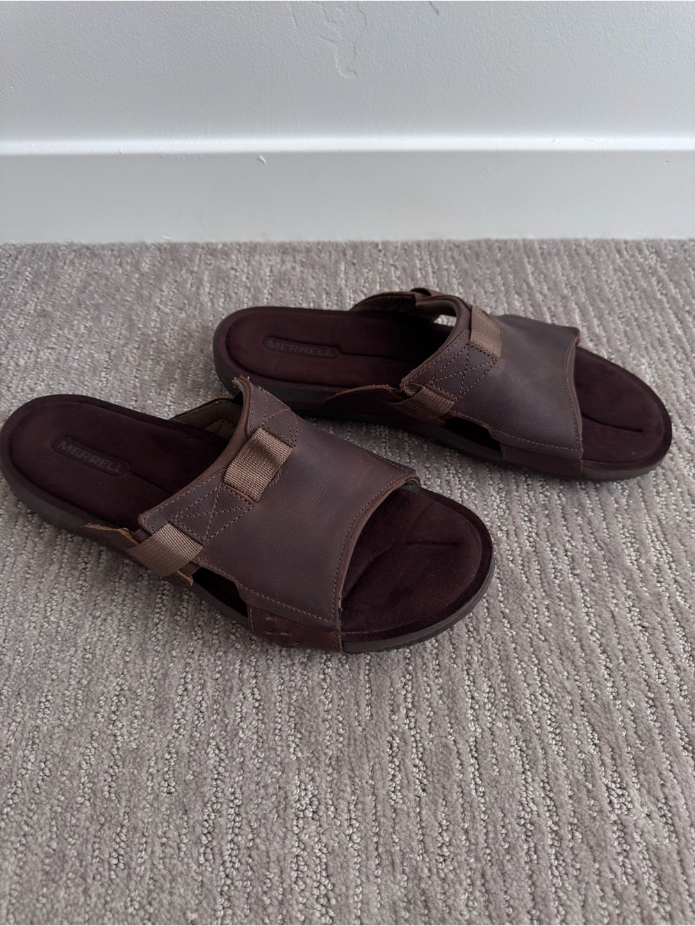 Merrell Terrant Slide J91525 Men’s 12 Dark Earth Brown Leather Sandals Outdoor